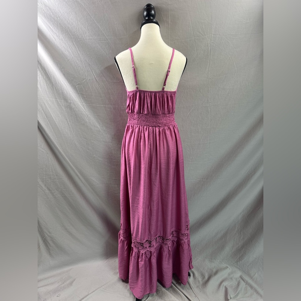 Boho Shirred Ruffle Lace Hem Maxi Dress Pink - Picture 9 of 9